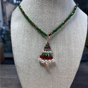 Festive Green and Red Beaded Necklace